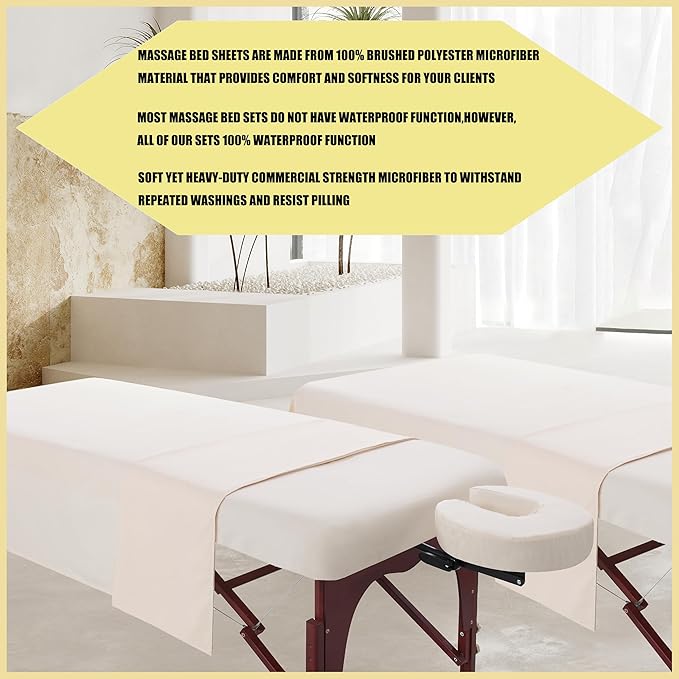2 Sets Microfiber Massage Table Sheet Sets - 3 Pcs Massage Bed Cover, Soft Wrinkle Free, Includes Fitted Sheet, Face Cradle Cover for SPA, Beauty Salon, Tattoos (Beige)