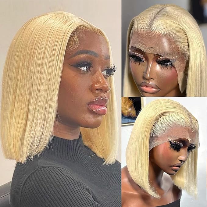 13x4 HD Transparent Lace Front Bob Wig, Human Hair, 180% Density, Straight Blonde, Pre-Plucked, 16 Inch Deep Part, Glueless