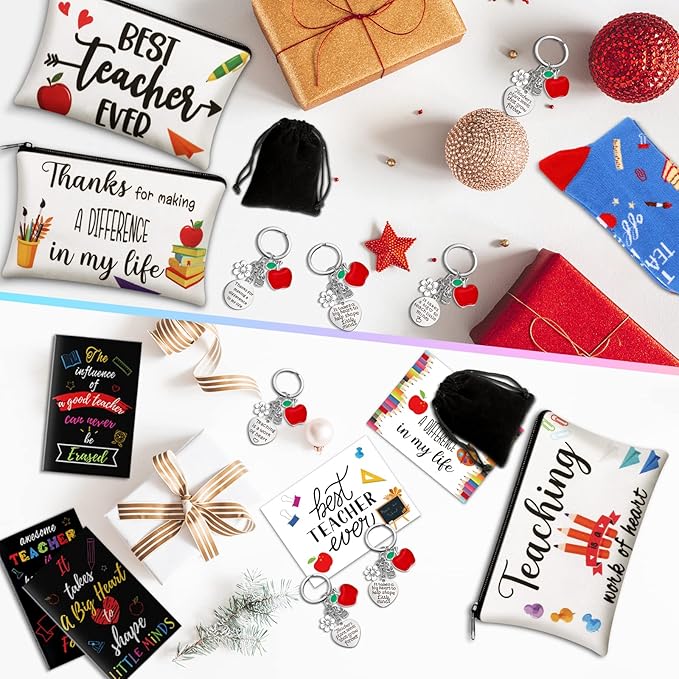 Eaasty 36 Pcs Bulk Teacher Appreciation Gifts Set Teacher Makeup Bag Pouch Cosmetic Pencil Bag Teacher Keychains Inspirational Notebooks Teacher Appreciation Socks Graduation Gift for Teacher