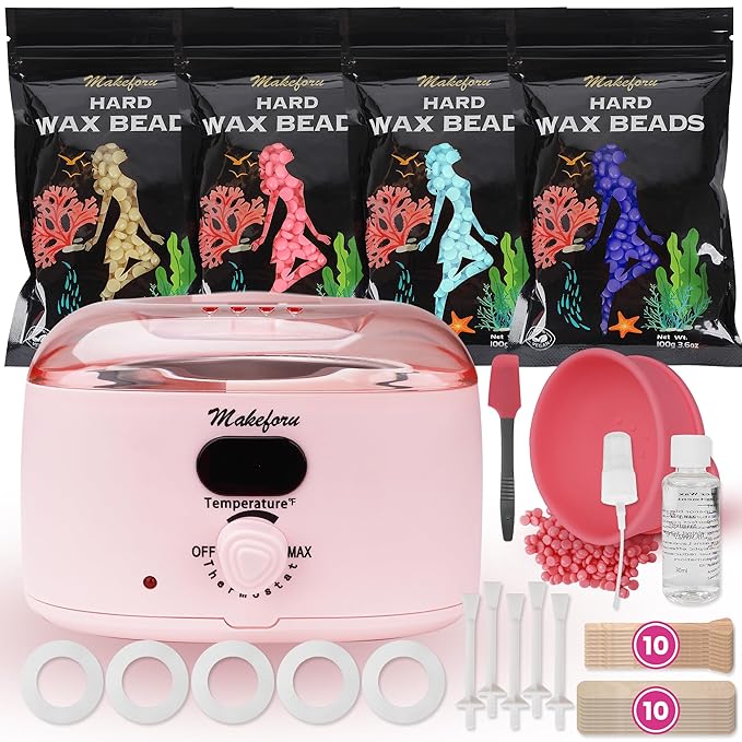 Brazilian Waxing Kit - Bikini & Full Body Hair Removal with Digital Warmer, 4 Scented Wax Beads & 33 Silicone Tools - Home Waxing for Women & Men, Face & Body Care (Pink)