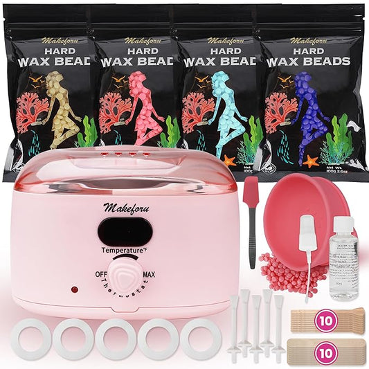 Brazilian Waxing Kit - Bikini & Full Body Hair Removal with Digital Warmer, 4 Scented Wax Beads & 33 Silicone Tools - Home Waxing for Women & Men, Face & Body Care (Pink)