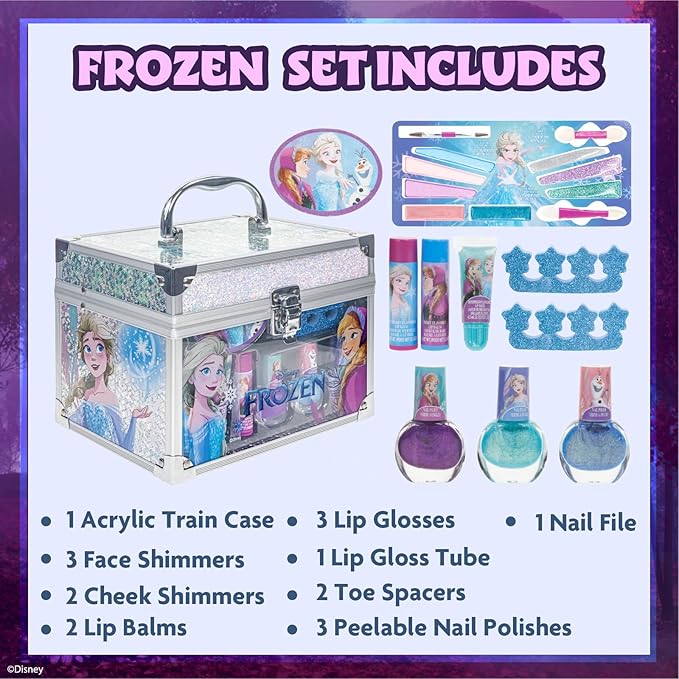 Frozen Train Case Beauty Set, Kids Makeup Kit for Girls, Real Washable Makeup Set, Play Makeup, Party Favor, Birthday, Ages 3 4 5 6 7 8 9 10 11 12 by Townley Girl