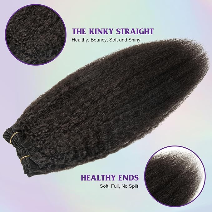 Kinky Straight Human Hair Clip in Extensions 16 Inch Yaki Straight Clip ins for Women Full Head Brazilian Remy Human Hair Extensions Double Weft 8pcs 100g Per Set with 18 Clips Natural Black