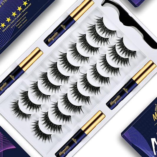 Magnetic Eyelashes Natural Look - Magnetic Lashes with Eyeliner Kit Natural Looking,Upgraded Long Lasting,10 Pairs 3D Reusable 5 Magnet False Eyelashes with Applicator Tool Easy to Apply.