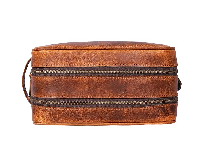 Aaron Leather Goods Leather Toiletry Bag for Men and Women Brown 10.5 Inch (Caramel)
