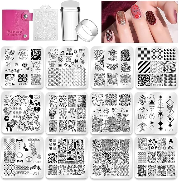 Biutee Nail Stamping Plates Set 12pcs Nail Plates 1stamper 1scraper 1storage bag Nail plate Template Image Plate Stencil Nails Tool (C)
