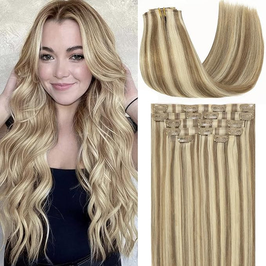 Loxxy Seamless Human Hair Clip in Extensions 22Inch Piano Light Ash Brown Mixed With Platinum Blonde Clip in Hiar Extensions Real Human Hair With PU Weft Silky Straight Seamless Clip ins 110g 7pcs