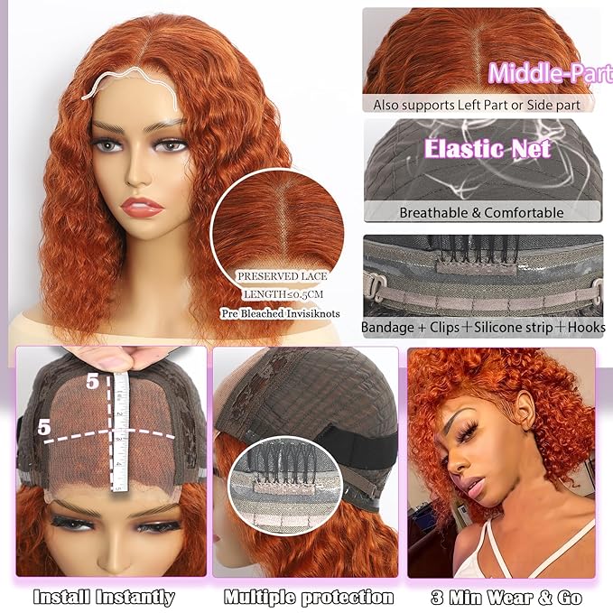 5×5 Closure Bob Wig Human Hair Glueless Wigs Human Hair Pre Plucked Pre Cut Short Curly Wig Water Wave Middle Part 350# Ginger for Women Wigs for Black Women 10Inch