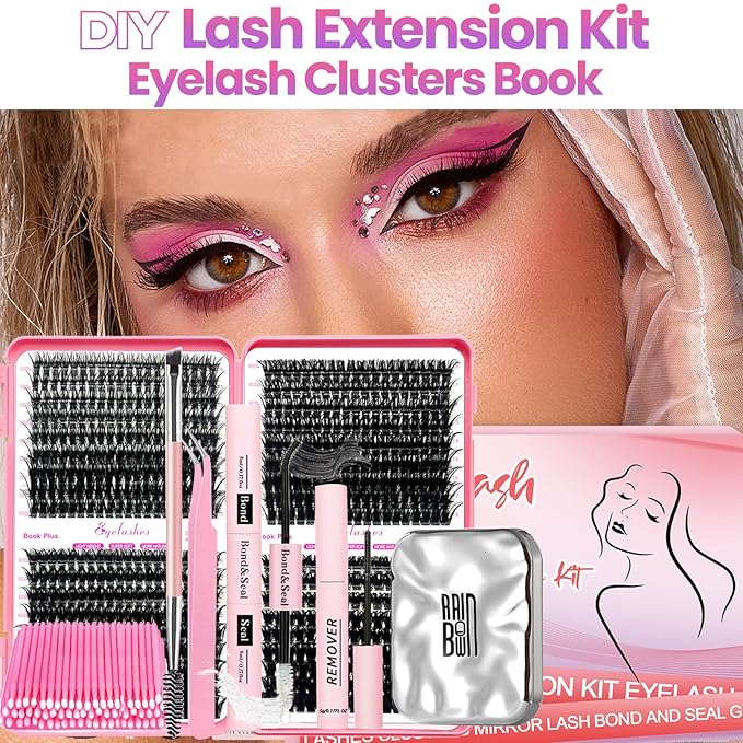 DIY Lash Extension Kit with 684pcs Lashes Clusters,1X/2X Magnification Compact Mirror with Light,Lash Bond and Seal,Eyelash Remover Tweezers Applicator Mascara Brush(50-60-80-100D)
