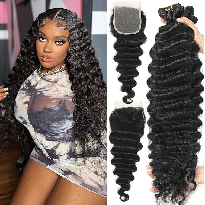 Human Hair Bundles with Closure Loose Deep Wave Bundles with Closure 20 22 24+18 Inch Long Brazilian Wavy Human Hair Extensions Natural Black Color for Women