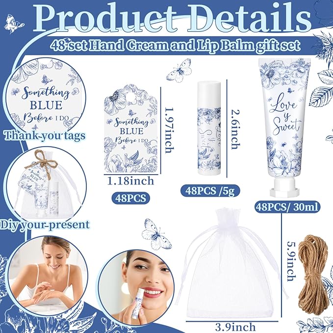 48 Sets Something Blue Before I Do Bridal Shower Hand Cream and Lip Balm Gift Bulk Blue Floral Wedding Favors Travel Size Hand Lotion and Lip Balm Bridal Shower Party Supplies for Guest