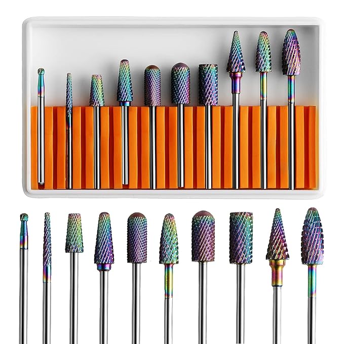 Nail Drill Bits Set, 10Pcs Tungsten Carbide Drill Bits for Nails Remove Acrylic Poly Nail Gel Polish, 3/32" Nail Files for Nail Cutter Cuticle Manicure