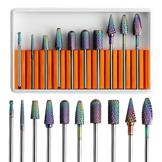 Nail Drill Bits Set, 10Pcs Tungsten Carbide Drill Bits for Nails Remove Acrylic Poly Nail Gel Polish, 3/32" Nail Files for Nail Cutter Cuticle Manicure