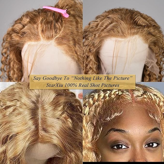 26inch Honey Blonde Wig Human Hair, Deep Wave Lace Front Wigs Human Hair #27 Color Blonde Curly 13x6 Hd Lace Front Wigs Pre Plucked With Baby Hair Lace Frontal Wig 180% Density For Black Women