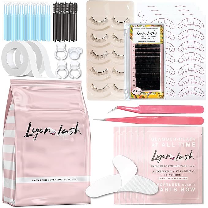 Lyon Lash Eyelash Extension Supplies 4x100 Packs - 100 Pairs Under Eye Gel Pads | 100 Disposable Mascara Brushes Wands | 100 Micro Applicators Brush | 100 Glue Ring Holder | 2 Medical Tapes
