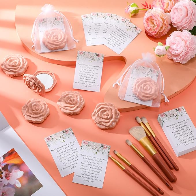 50 Sets Bridal Shower Party Favors for Guests Small Rose Compact Mirror Bulk Wedding Favors Thank You Cards and Organza Bags Wedding Party Guests Souvenir Gift (Pink Champagne)