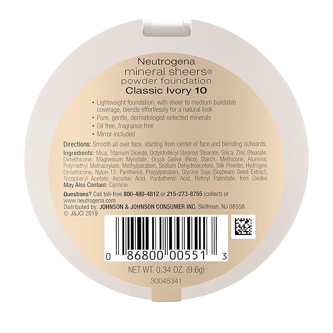 Neutrogena Mineral Sheers Compact Powder Foundation, Lightweight & Oil-Free Mineral Foundation, Fragrance-Free, Classic Ivory 10,.34 oz (Pack of 2)