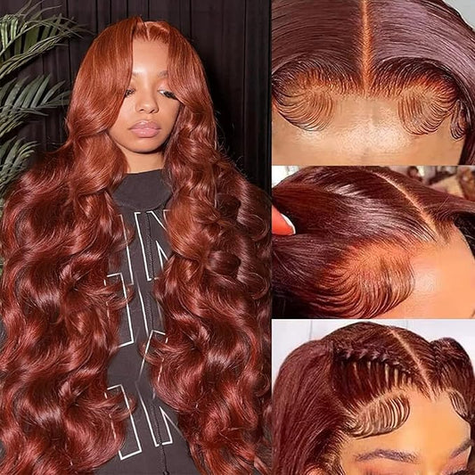 30 Inch Reddish Brown 180 Density Body Wave HD Lace Frontal Wigs Human Hair 13X6 Lace Front Wigs Human Hair 350# Body Wave Human Hair Wig Pre Plucked for Women Human Hair Wig