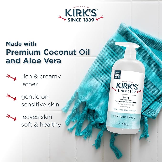 Kirk's 3-in-1 Head to Toe Nourishing Cleanser & Travel Size Bar Soap - for Men, Women & Children, Made with Premium Coconut Oil and Aloe Vera, Non-GMO & Vegan, Fragrance Free, 32 Fl Oz.