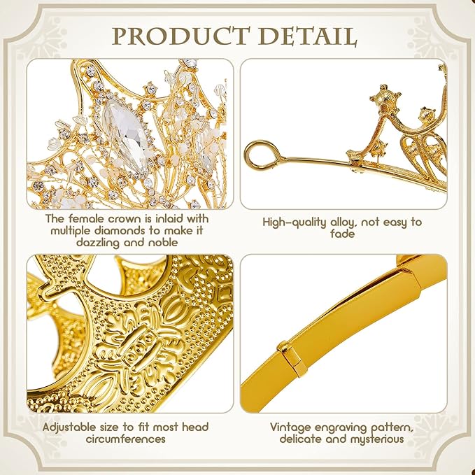 Sureio 2 Pcs Antique Royal King Crown for Men Baroque Queen Crown for 2025 Graduation Prom Party Crystal Tiara Prom Cosplay Birthday Wedding Hair Headband Accessories(Vivid Style)