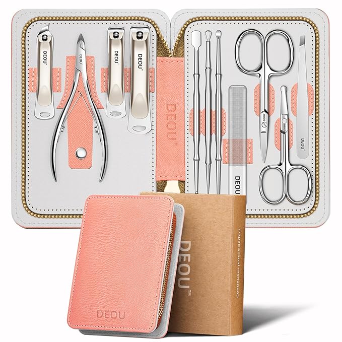 DEOU Professional Nail Set 11 in 1 stainless steel home care nail clippers, men's luxury travel leather storage box, women's beauty kit (Pink)