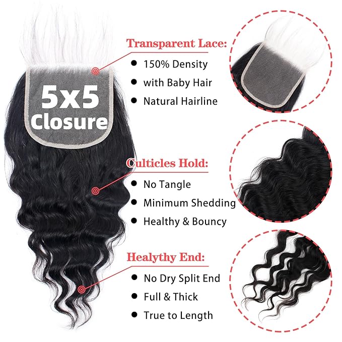 12A Human Hair 3 Bundles with 5x5 HD Lace Closure (16 18 20 +16) 100% Unprocessed Brazilian Virgin Remy Hair Loose Wave Human Hair Bundles with Closure Natural Color