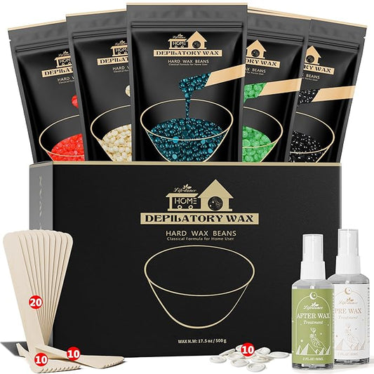 Lifestance Wax Beads Set, 5 Kinds of Waxing Beads, Hard Wax Beans with 57 Items Silicone Spatulas, Perfect for Any Waxing Warmers for Hair Removal for Bikini, Underarm, Eyebrow, Legs