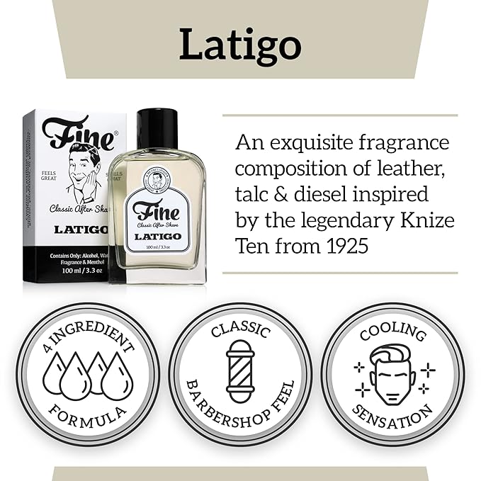 Fine Men's Aftershave - Latigo Fragrance, Soothing & Toning Post Shave Balm, Calms Razor Burn, Classic Barbershop Feel, Alcohol-Based Formula, Gentle for All Skin Types, 100ml