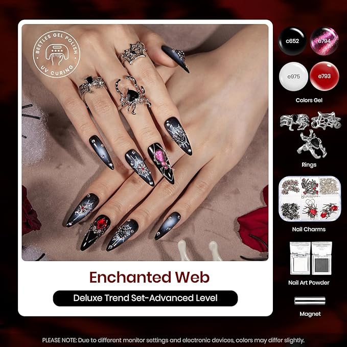 Beetles Gel Nail Polish Set, Red Black Cat Eye Gel Polish and Soild Nail Glue Kit -All in 1 Beetles X DIY nail with Chrome Nail Powder 5D Nail Stickers and Rings for Party Gift Holiday