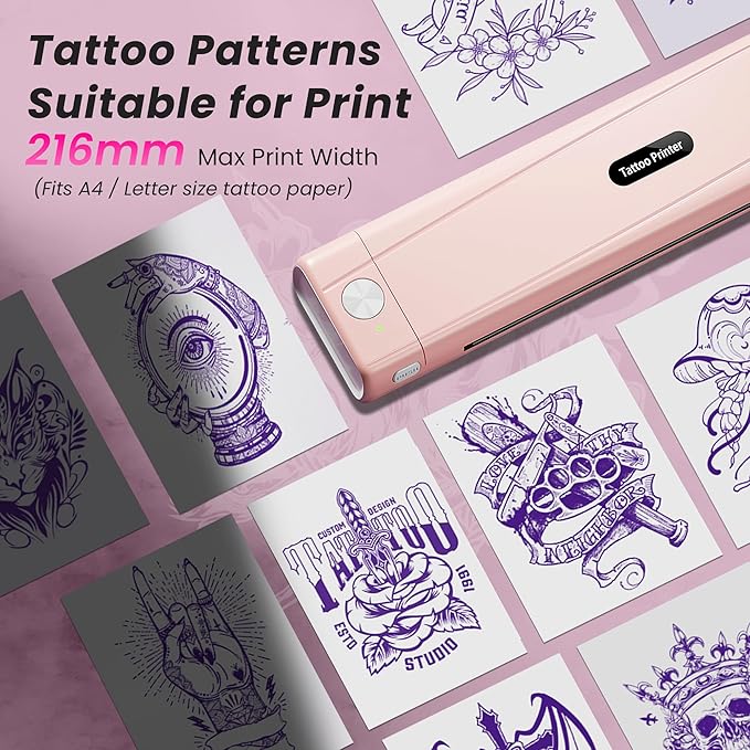 2025 New Version Tattoo Stencil Printer with 10pcs Transfer Paper, Wireless Thermal Tattoo Transfer Printer, Bluetooth Portable Tattoo Machine Compatible with Smartphone & Pad, Pink