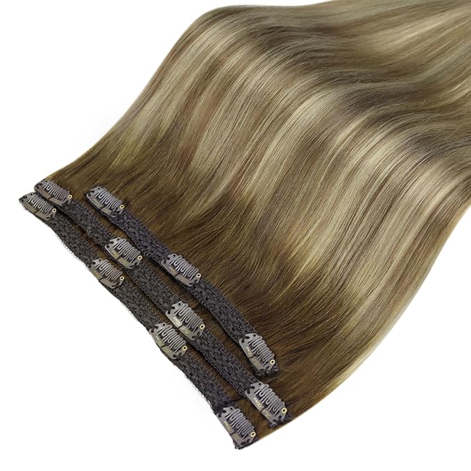 Full Shine Clip on Hair Extensions Human Hair 16 Inch Lace Clip in Extensions Real Human Hair Medium Brown Ombre Ash Brown Mix Light Blonde Straight Remy Hair Extensions 3 Pcs