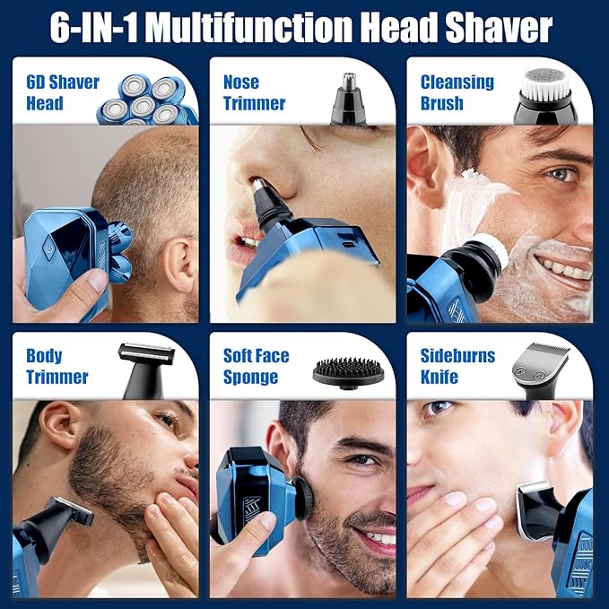 Head Shavers for Bald Men, IPX7 Waterproof Detachable Head Shaver,6D Electric Razor for Men, 6 in 1 Wet/Dry Rechargeable LED Shaving Kit with Type-C Charge