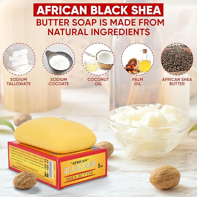 African black soap with Shea butter Herbal Soap | Pack of 6 of 5oz soap Bar | Ideal for Men and Women, Soothing and Nourishing Soap for Moisturization