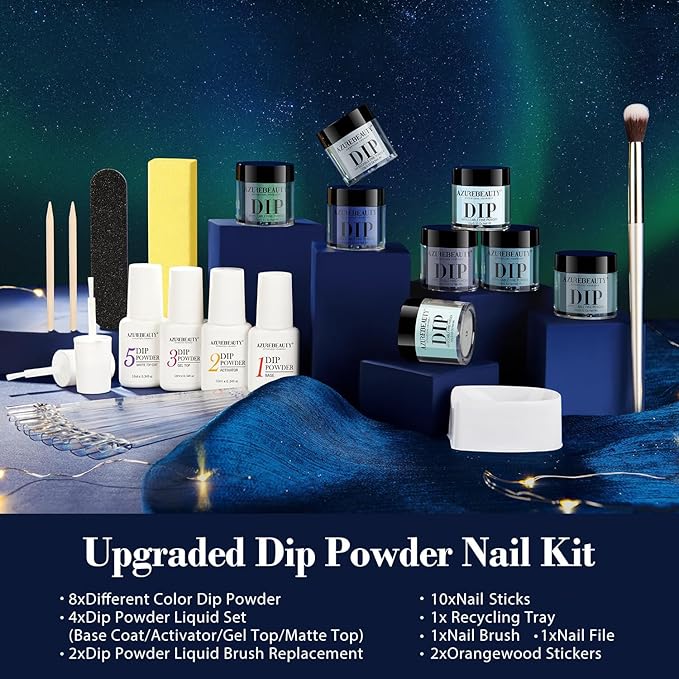 AZUREBEAUTY 30Pcs Dip Powder Nail Kit Starter with Nail Sticks, Glitter Baby Dark Blue 8 Colors Dipping Powder Liquid Set Added Matte Top Coat for Fall Winter Nail Art Manicure Salon DIY Home Gift