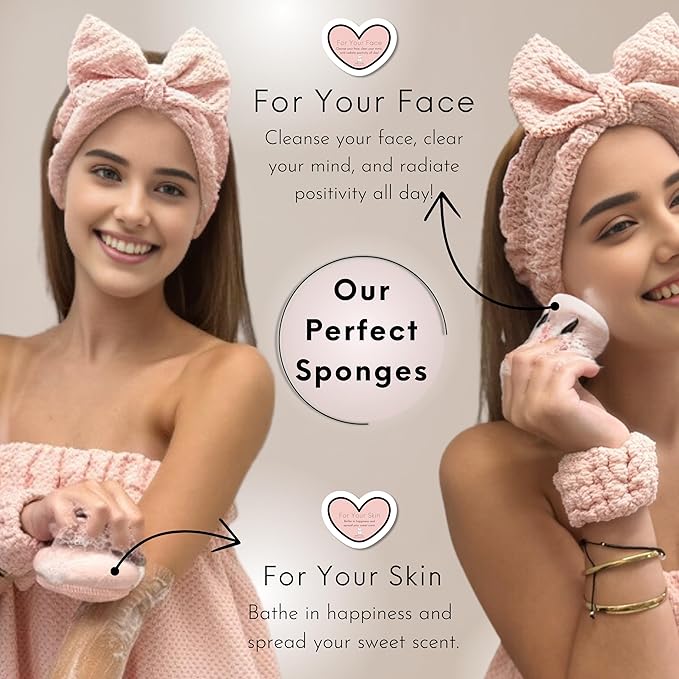 Happy Lolli Power Shower Gift Set: Luxury Bath Accessories Basket for Women & Teen Girls – Includes Body & Hair Towel, Wrist Bands, Headband, Face Sponge & More – Empower Your Routine (Fresh in Pink)