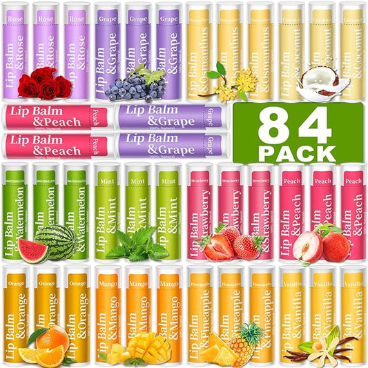 84 Pack of Lip Balm, 12 Flavored Lip Balms Natural Organic Vitamin E Lip Balm Pack for Dry Cracked Lips, Moisturising Lip Balm Bulk Gifts Stocking Stuffers Party Favors(4.2g/0.15oz)