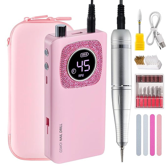 45000RPM Professional Portable Nail Drill Electric File with Pink diamond， Rechargeable Nail E File Machine with Bits & Clean for Acrylic Nails Remove Nail Gel Polish Manicure, Cordless