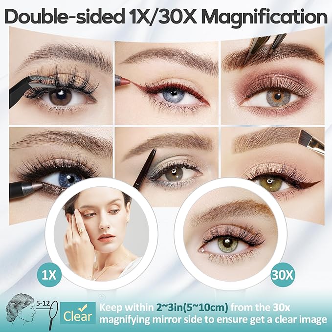 B Beauty Planet Magnifying Mirror with Light 30X, Double-Sided 1X/ 30X Magnifying Makeup Mirror with Tweezer, 2000mAh 3 Colour Modes with Adjustable Brightness,Foldable Compact Travel Mirror