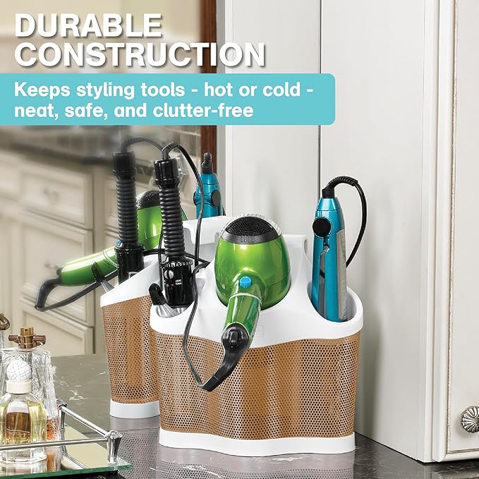 Polder Style Station, Tool Organizer for Hair Dryer, Curling Iron, and Straightener, Easy-to-Store Hair Styling Station, White and Copper