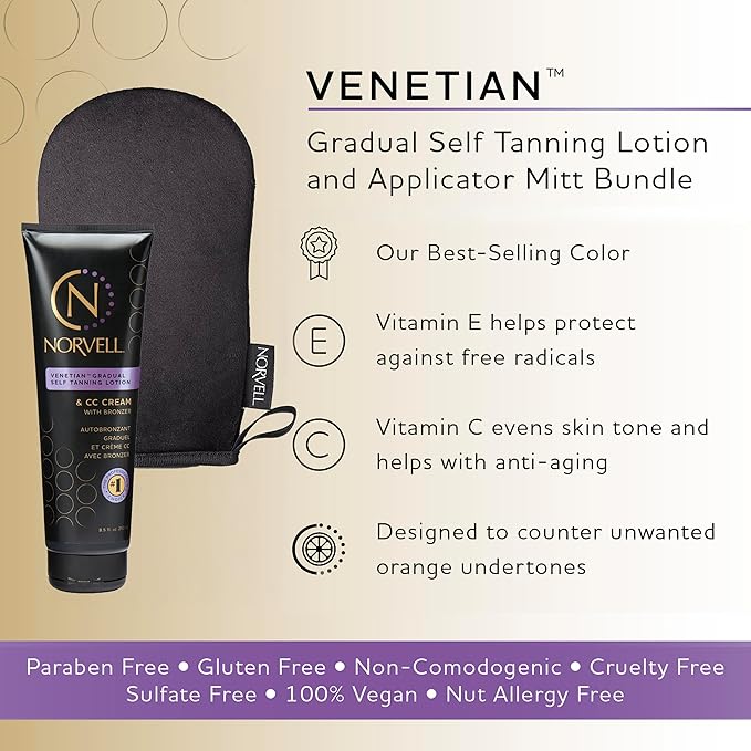 Norvell Sunless Self Tanning Bundle: Self Tan Extender Lotion, 8,5 fl. oz. + Streak Free Tan Applicator Mitt - Premium After Tanning Lotion Moisturizer and Washable Self Tan Mitt for Flawless Results