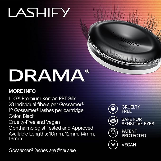 Lashify Drama 14mm Gossamer Eyelash Extensions Refill, Black, Easy DIY False Lashes for a Natural Look