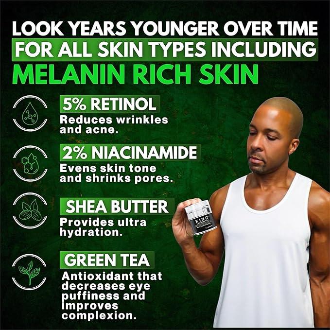 Luxury Mens Skincare - Organic - Retinol Face Cream - Non Greasy - Shea Butter - Green Tea - Look Younger - Easy Pump - Anti Aging Mens Face Cream - Hydrating - Black Owned (1.7 oz)