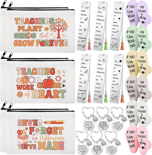 Paterr 24 Pcs Teacher Appreciation Gifts Set End of Year Gifts for Women Bulk Including Socks Makeup Bags Keychain Metal Bookmark for Graduation Birthday(Heart Teaching,Fleece)