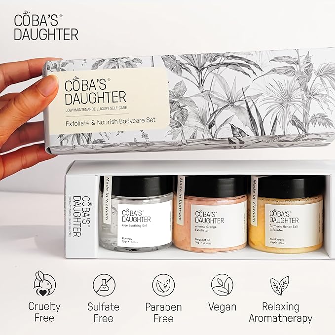 COBA'S DAUGHTER 3-Piece Body Care Gift Set | Mother's Day Gift set| Honey Turmeric Scrubs & Almond Orange Scrubs | Soothing Aloe Vera Gel| Shower Therapy for Women| Travel Size Beauty