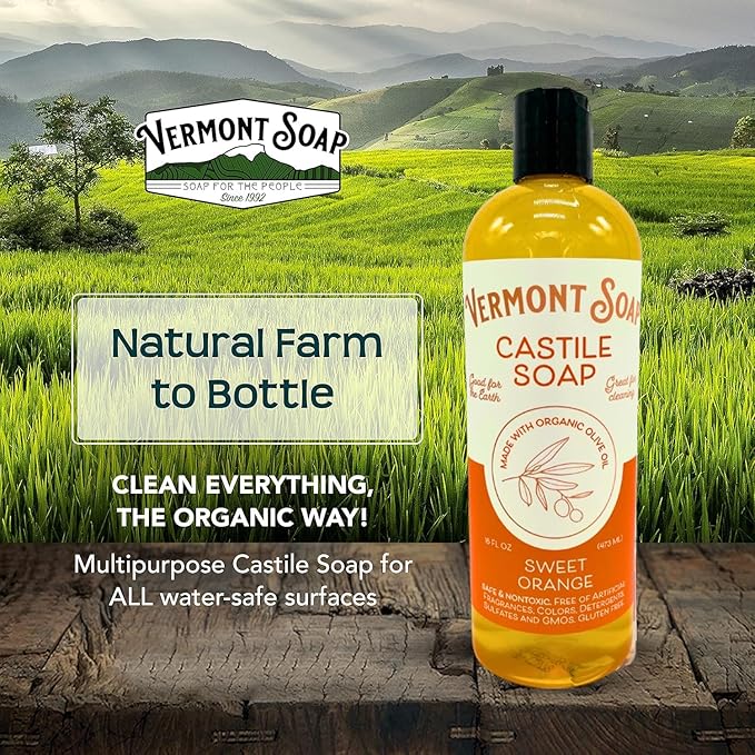 Vermont Orange Castile Soap, Gentle Liquid Soap for Sensitive Skin & Natural Body Wash, Organic Hair Shampoo for Oily Hair, Aloe Castile Soap for Men & Women - 16 Oz