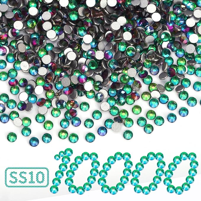 10000PCS Green Volcano Rhinestones Bulk, Flat Back Crystal Glass Stone Round Gems,SS10, 2.7-2.9mm