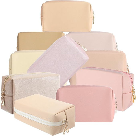 Sanwuta 9 Pcs Preppy Makeup Bag PU Leather Cosmetic Bag Makeup Pouch Plain Waterproof Toiletry Organizers for Traveling Preppy Travel Purse End of the Year Teacher Gifts Bulk(Pink Brown Series)