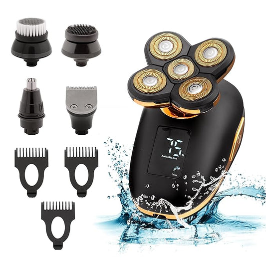 Asani 5 in 1 Electric Razor for Men and Women, USB Rechargeable and Waterproof Cordless Trimmer, Includes Rotating Bald Head Shaver, Nose Hair Trimmer, Beard Shaper, Silicone Brush, & Cleansing Brush