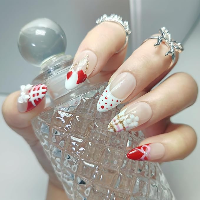 Almond Press on Nails Handmade Medium Long/Stiletto 3D Flower Fake Nail with Designs, Women Reusable False Nails (Valentine Red French, M)