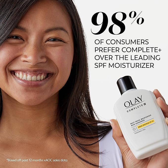 Olay Complete+ Face Moisturizer with Sunscreen SPF 40, For Sensitive Skin, Broad Spectrum Sun Protection, Fragrence-Free - No White Cast on All Tones, Nourishes Moisture Barrier - Ceramides, 6 Oz